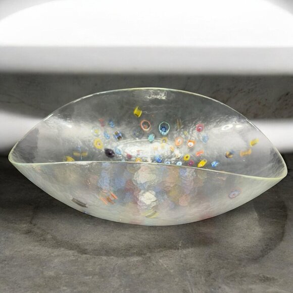 Murano Venetian Art Glass Folded Dish Bowl Clear W Millefiori Original Label - Picture 1 of 12